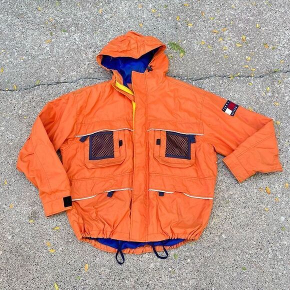VINTAGE 90’s Tommy Hilfiger Safari Jacket Mens Size XL Orange Hooded Pockets